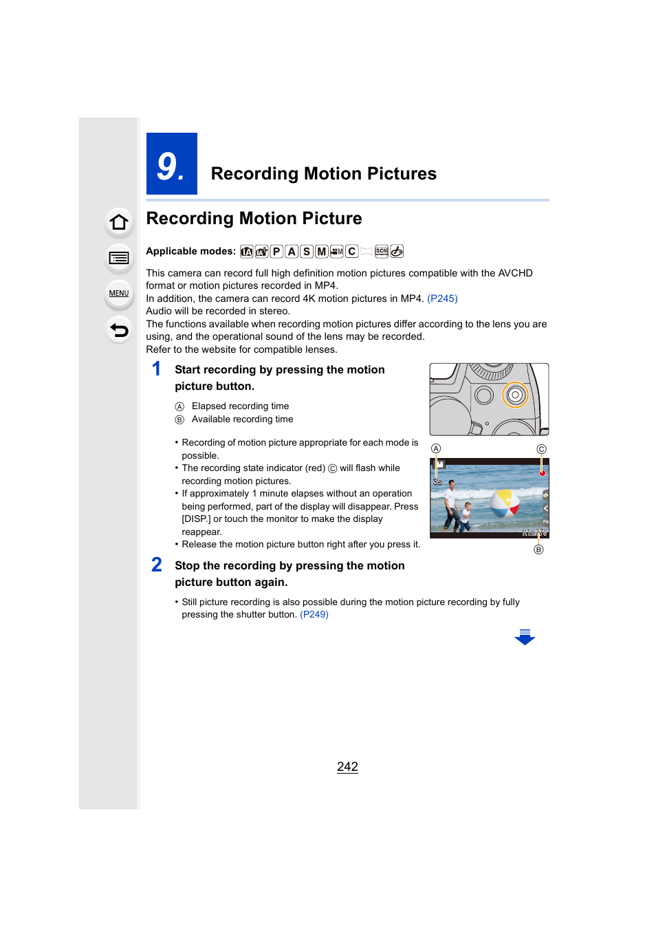 Recording motion pictures, Recording motion picture, Picture button | P242), Recording motion pictures recording motion picture | Panasonic Lumix DMC-G7 body User Manual | Page 242 / 411