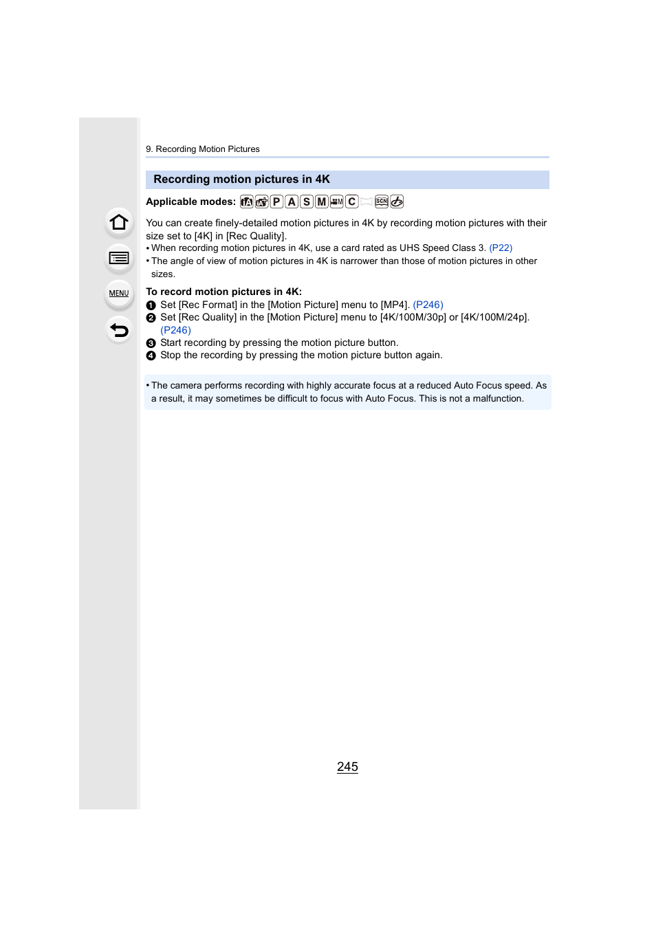 Recording motion pictures in 4k, P245, P245) | Panasonic Lumix DMC-G7 body User Manual | Page 245 / 411