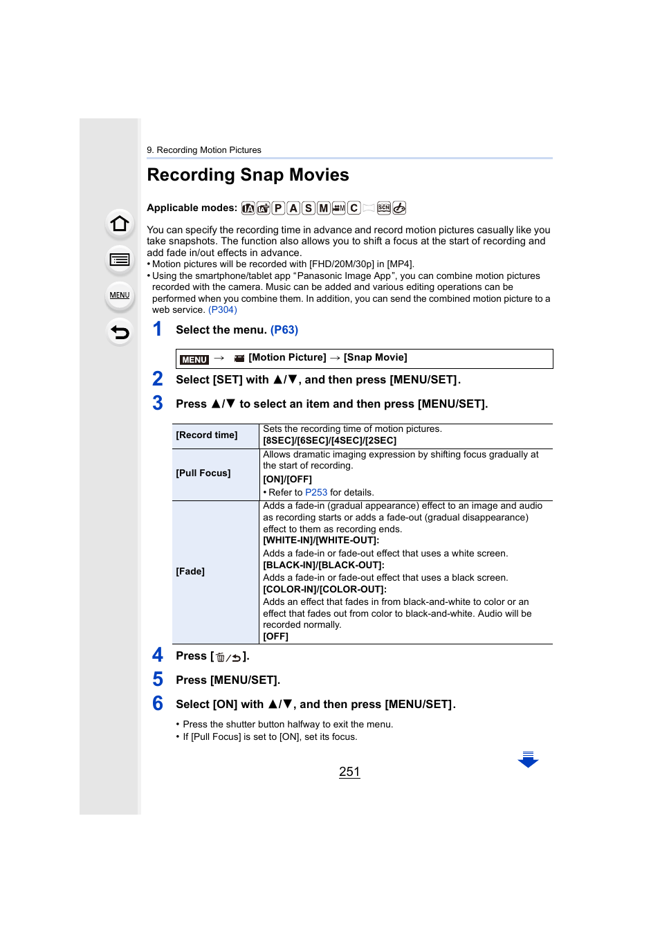 Recording snap movies, P251, P251) | Panasonic Lumix DMC-G7 body User Manual | Page 251 / 411