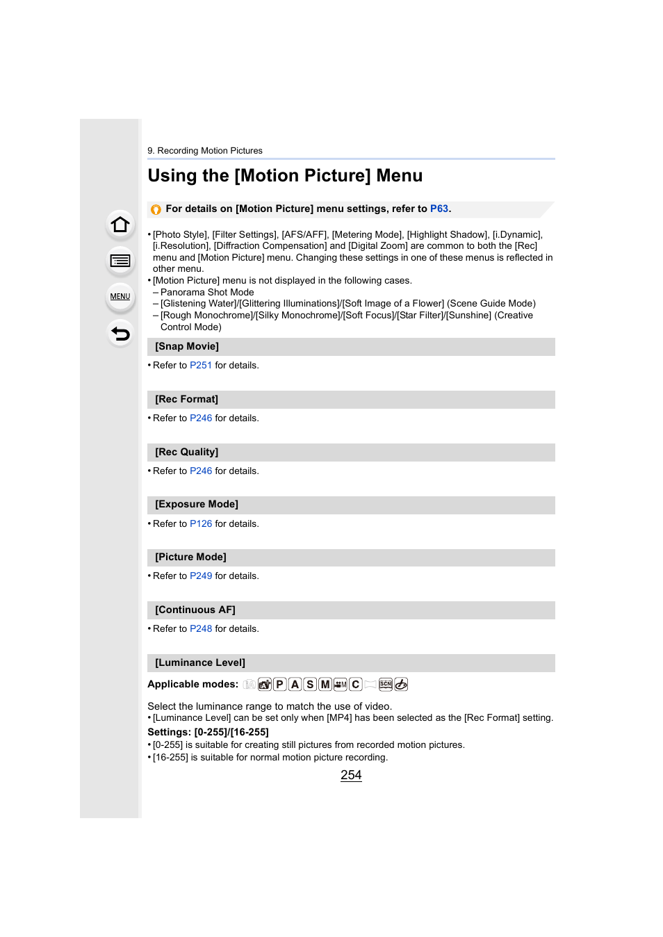 Using the [motion picture] menu, P254 | Panasonic Lumix DMC-G7 body User Manual | Page 254 / 411