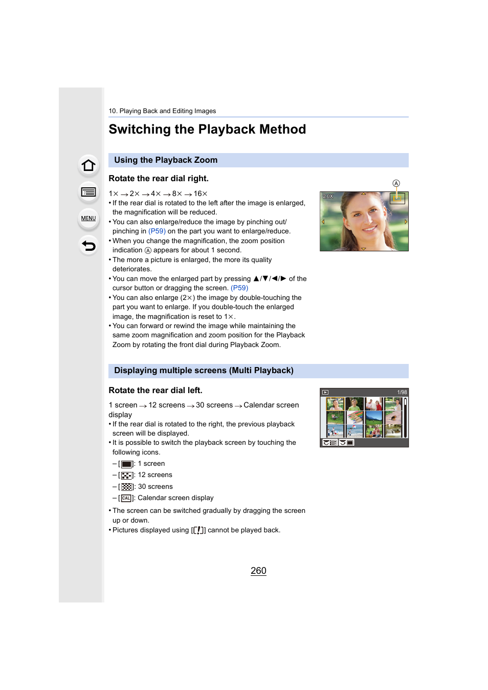 Switching the playback method, Using the playback zoom, Displaying multiple screens (multi playback) | P260, Using the playback zoom rotate the rear dial right | Panasonic Lumix DMC-G7 body User Manual | Page 260 / 411