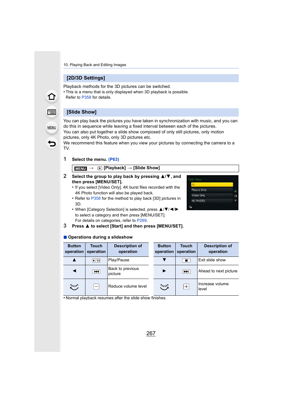 2d/3d settings, Slide show, 2d/3d settings] • [slide show | P267 | Panasonic Lumix DMC-G7 body User Manual | Page 267 / 411