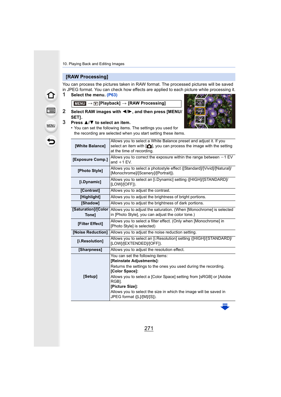 Raw processing, P271, P271) | Panasonic Lumix DMC-G7 body User Manual | Page 271 / 411