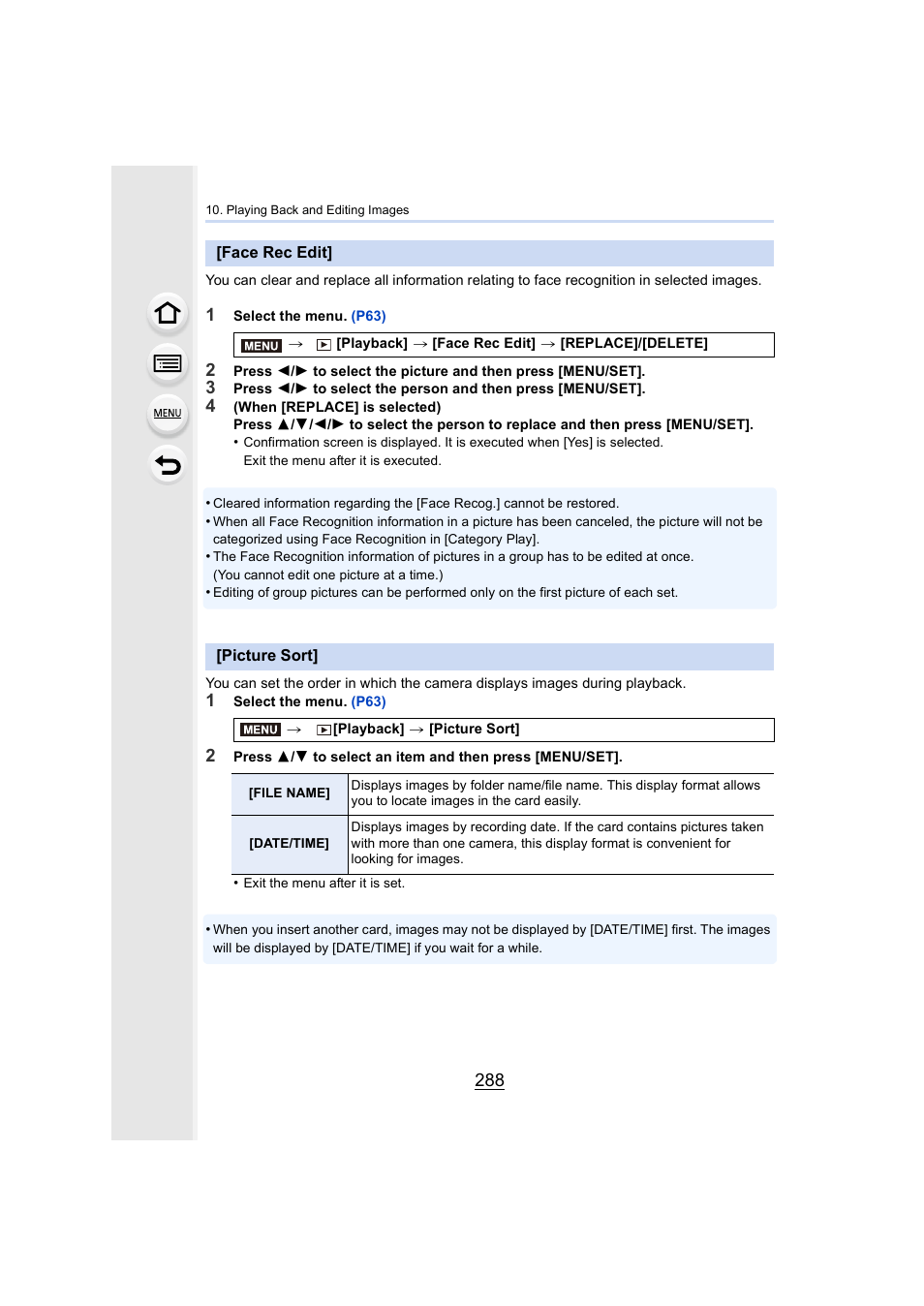 Face rec edit, Picture sort, Face rec edit] • [picture sort | P288) | Panasonic Lumix DMC-G7 body User Manual | Page 288 / 411