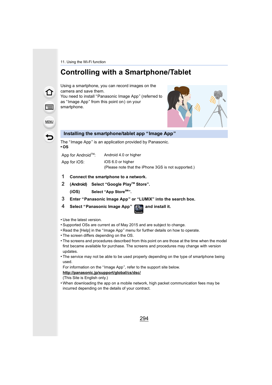 Controlling with a smartphone/tablet, Installing the smartphone/tablet app “ image app, Installing the smartphone/tablet app “image app | P294, P294) | Panasonic Lumix DMC-G7 body User Manual | Page 294 / 411