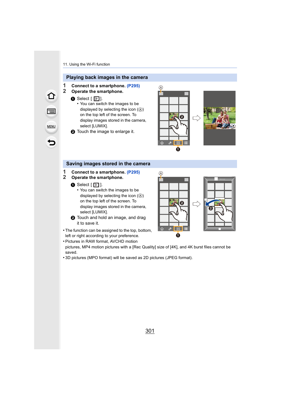 Playing back images in the camera, Saving images stored in the camera, P301 | P301) | Panasonic Lumix DMC-G7 body User Manual | Page 301 / 411
