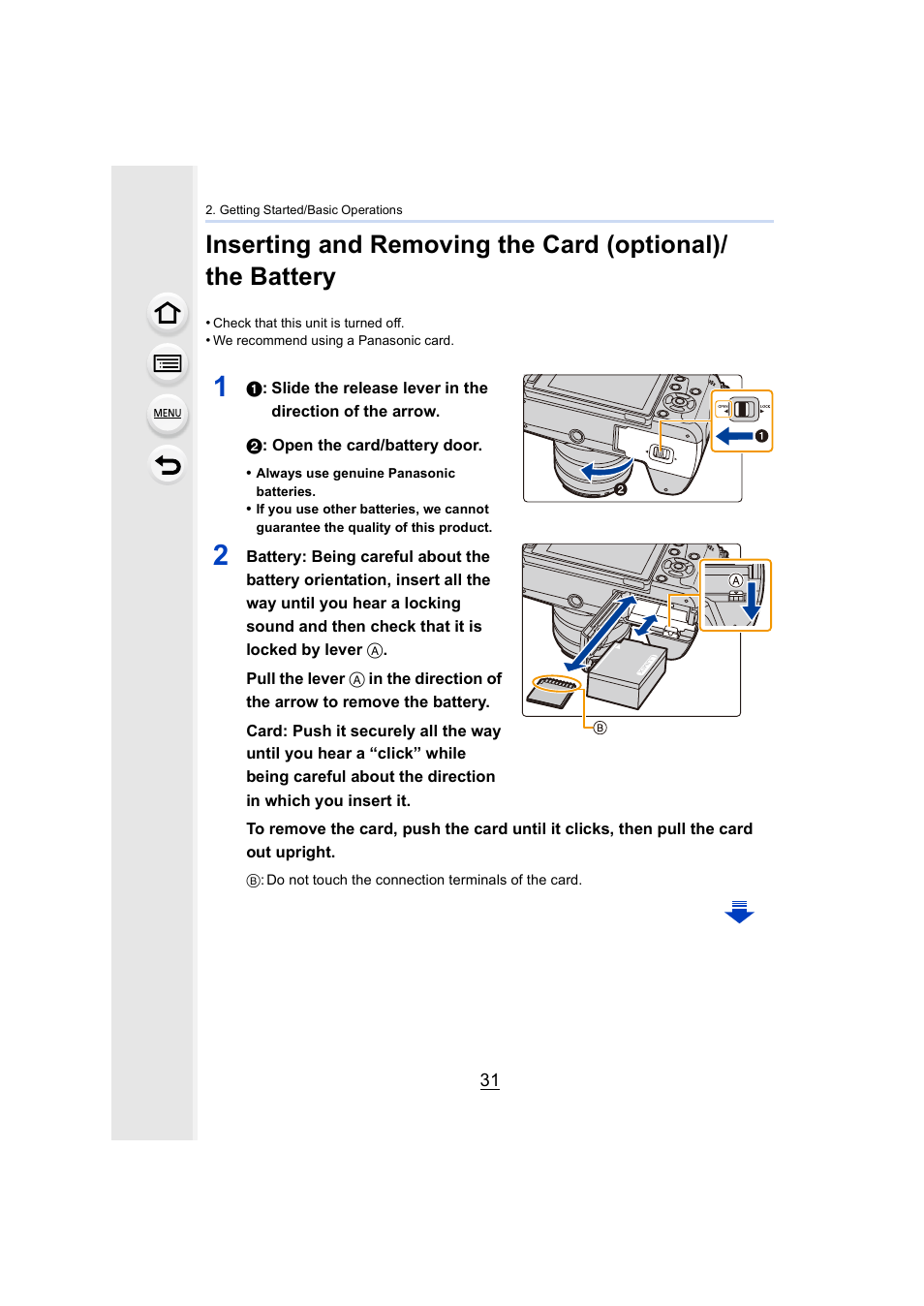 P31), Release lever, Card/battery door | Panasonic Lumix DMC-G7 body User Manual | Page 31 / 411