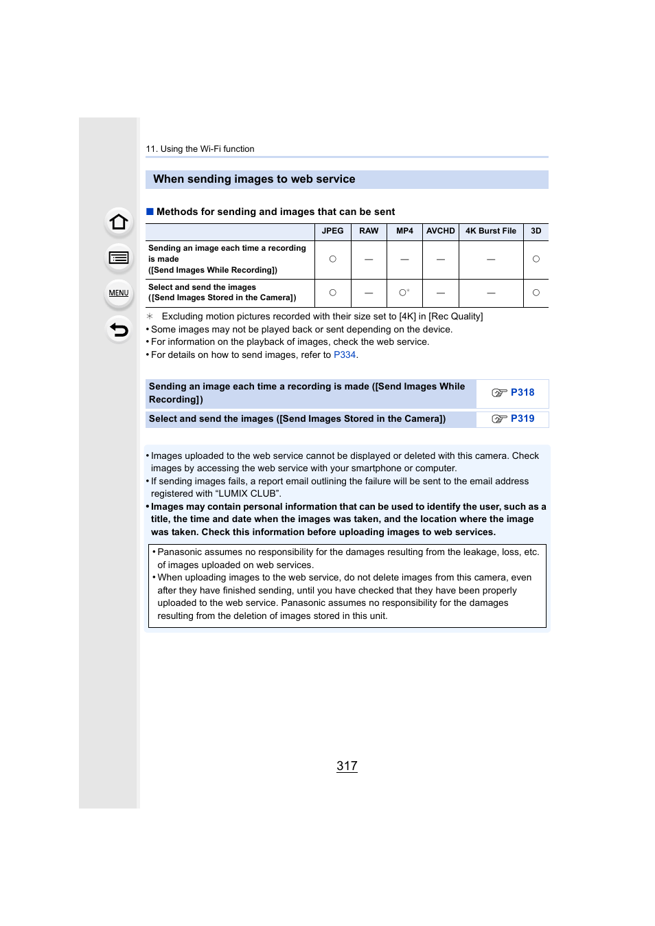 When sending images to web service, P317 | Panasonic Lumix DMC-G7 body User Manual | Page 317 / 411