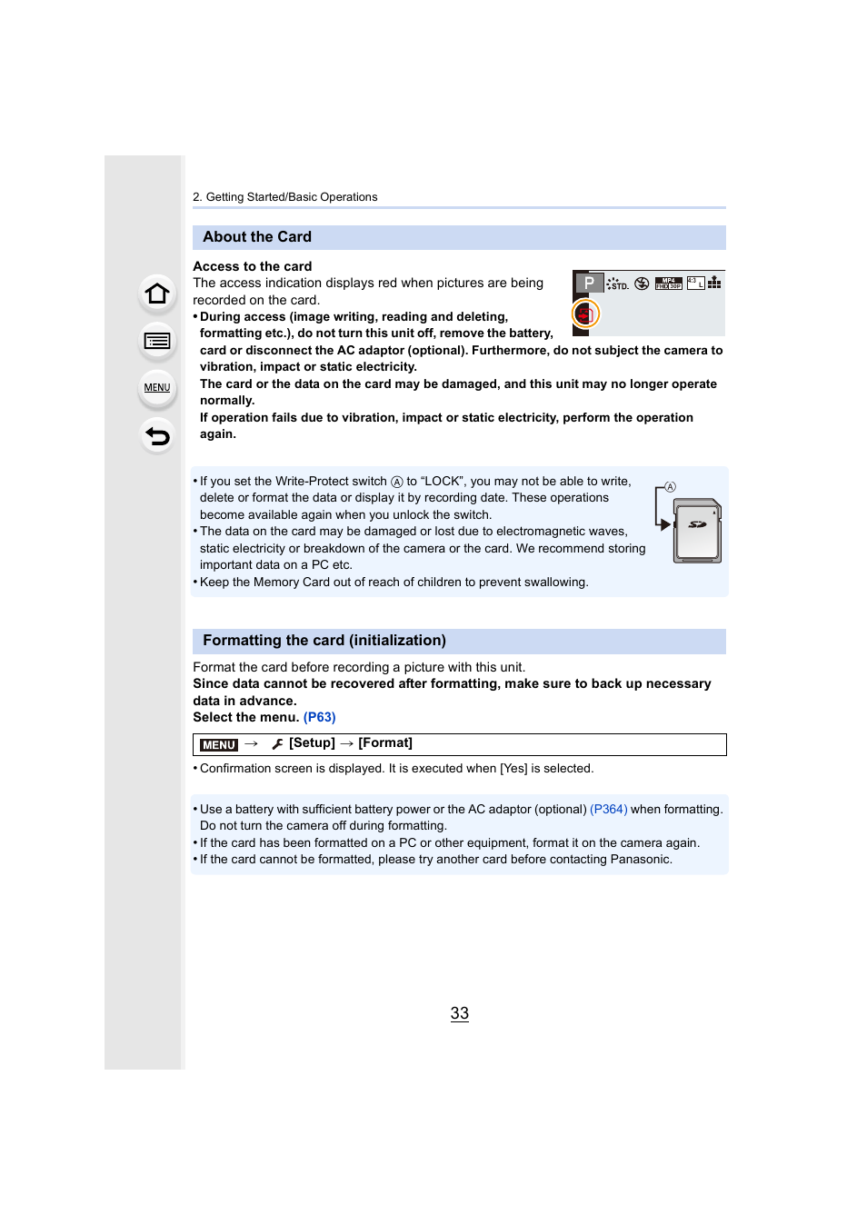 About the card, Formatting the card (initialization), P33) | Panasonic Lumix DMC-G7 body User Manual | Page 33 / 411