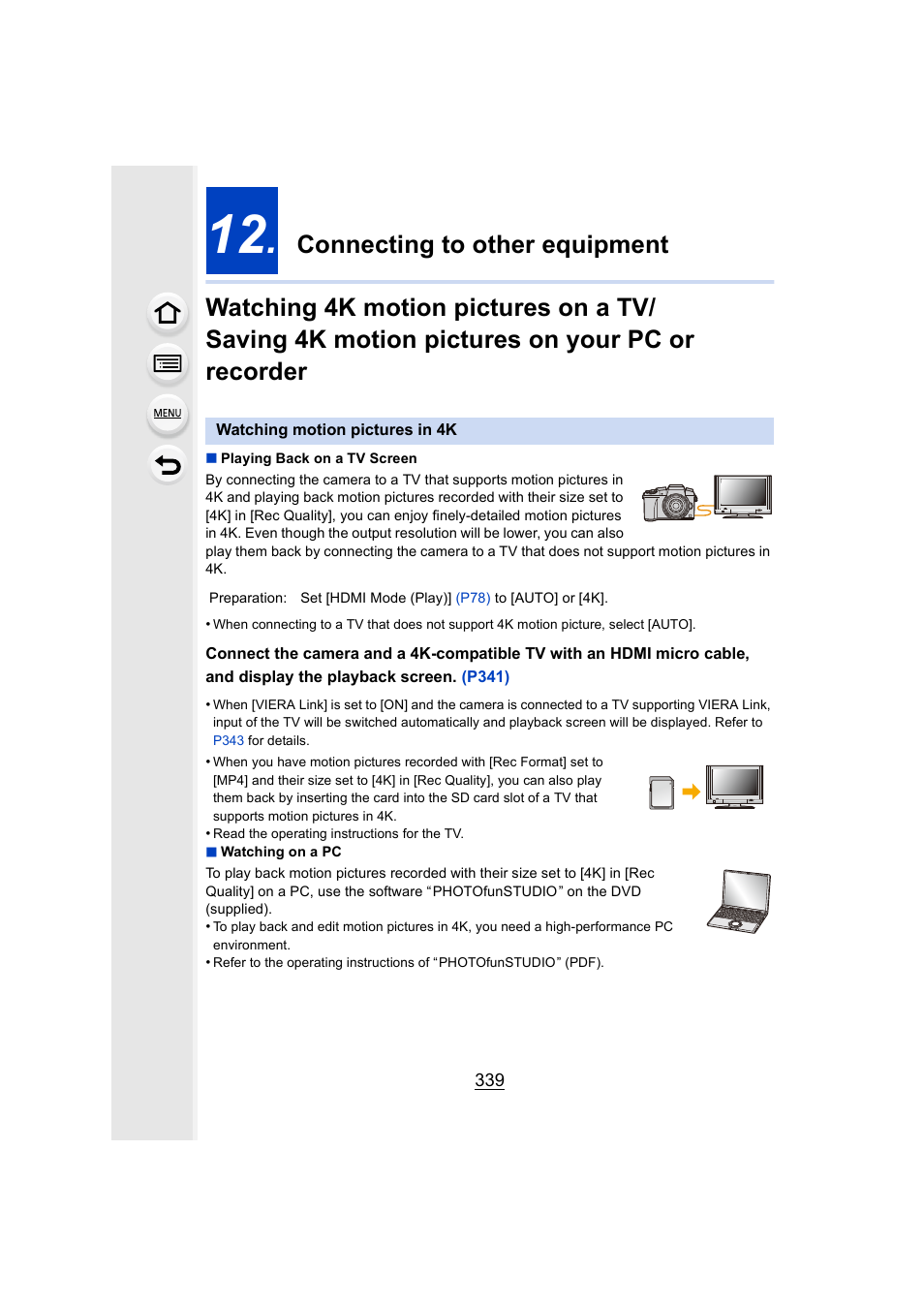 Connecting to other equipment, Watching motion pictures in 4k | Panasonic Lumix DMC-G7 body User Manual | Page 339 / 411
