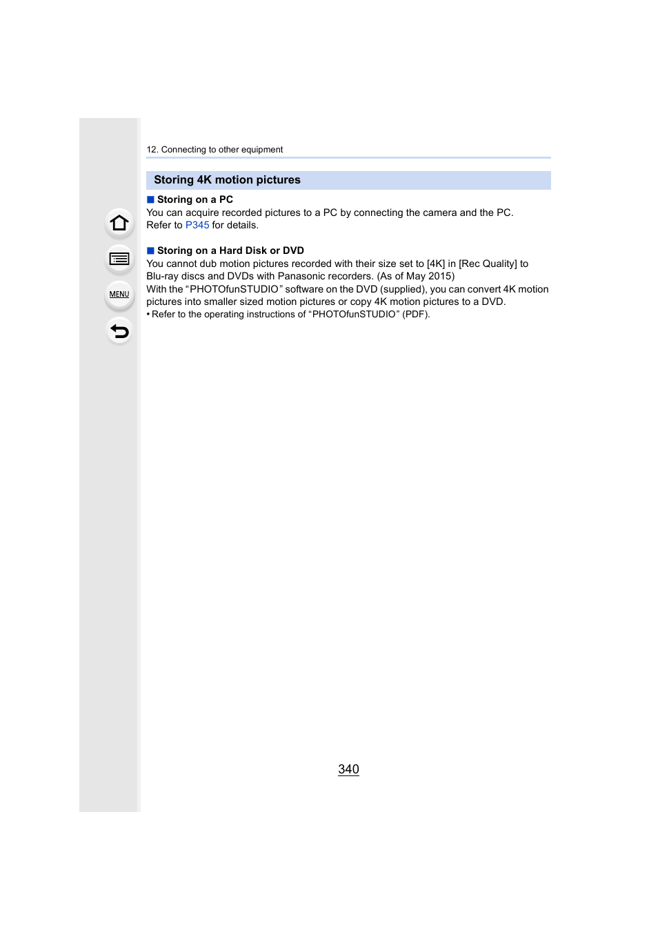 Storing 4k motion pictures | Panasonic Lumix DMC-G7 body User Manual | Page 340 / 411