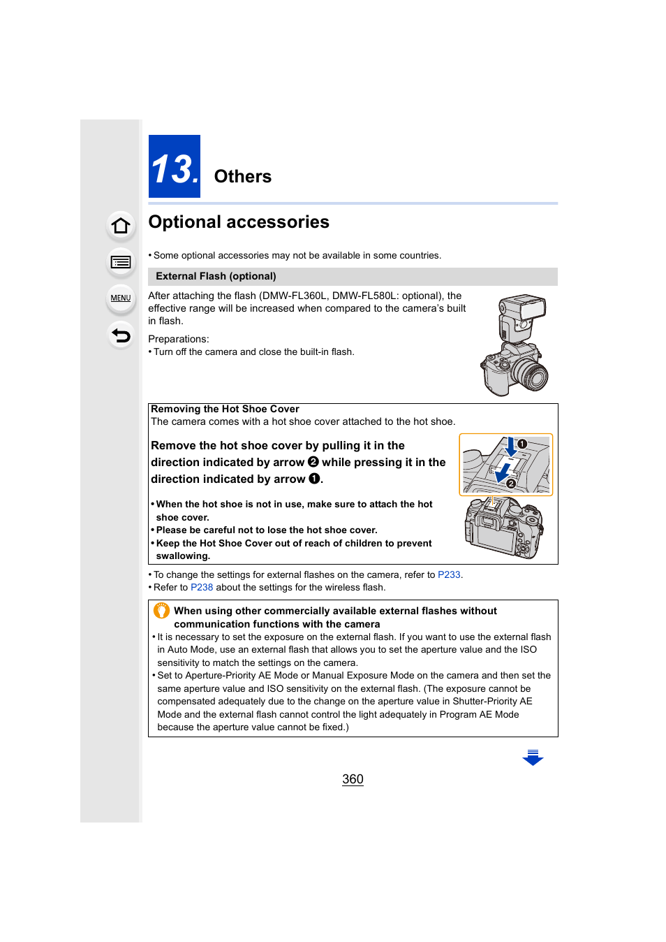 Others, Optional accessories, Oe (hot shoe cover) | P360), P360, Others optional accessories | Panasonic Lumix DMC-G7 body User Manual | Page 360 / 411