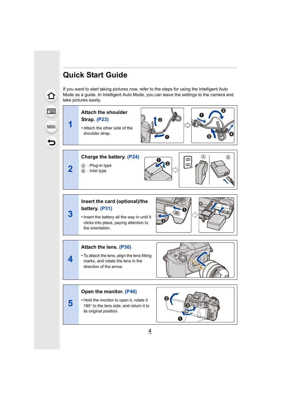 Quick start guide | Panasonic Lumix DMC-G7 body User Manual | Page 4 / 411