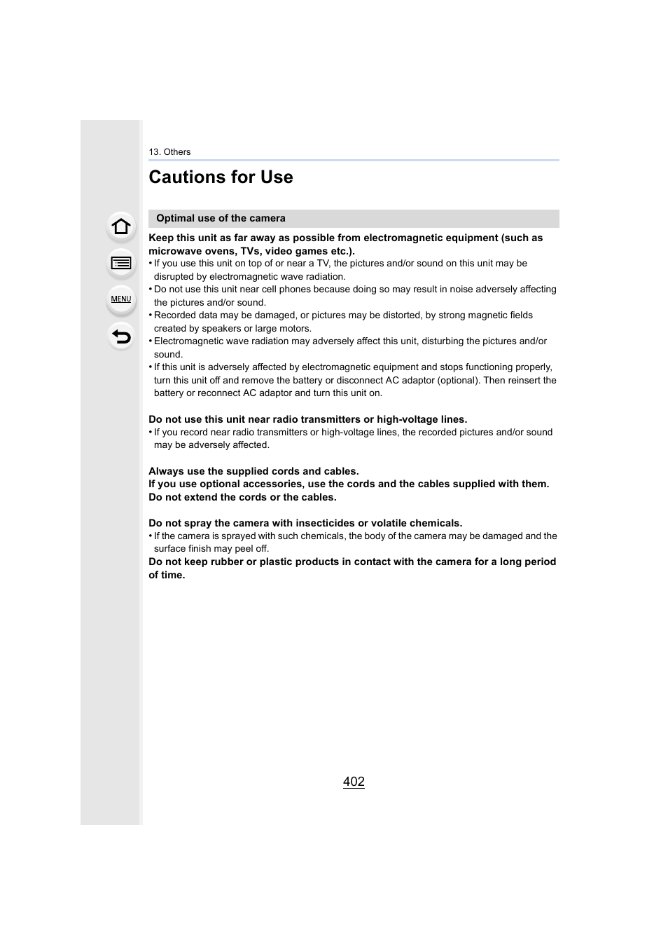 Cautions for use | Panasonic Lumix DMC-G7 body User Manual | Page 402 / 411