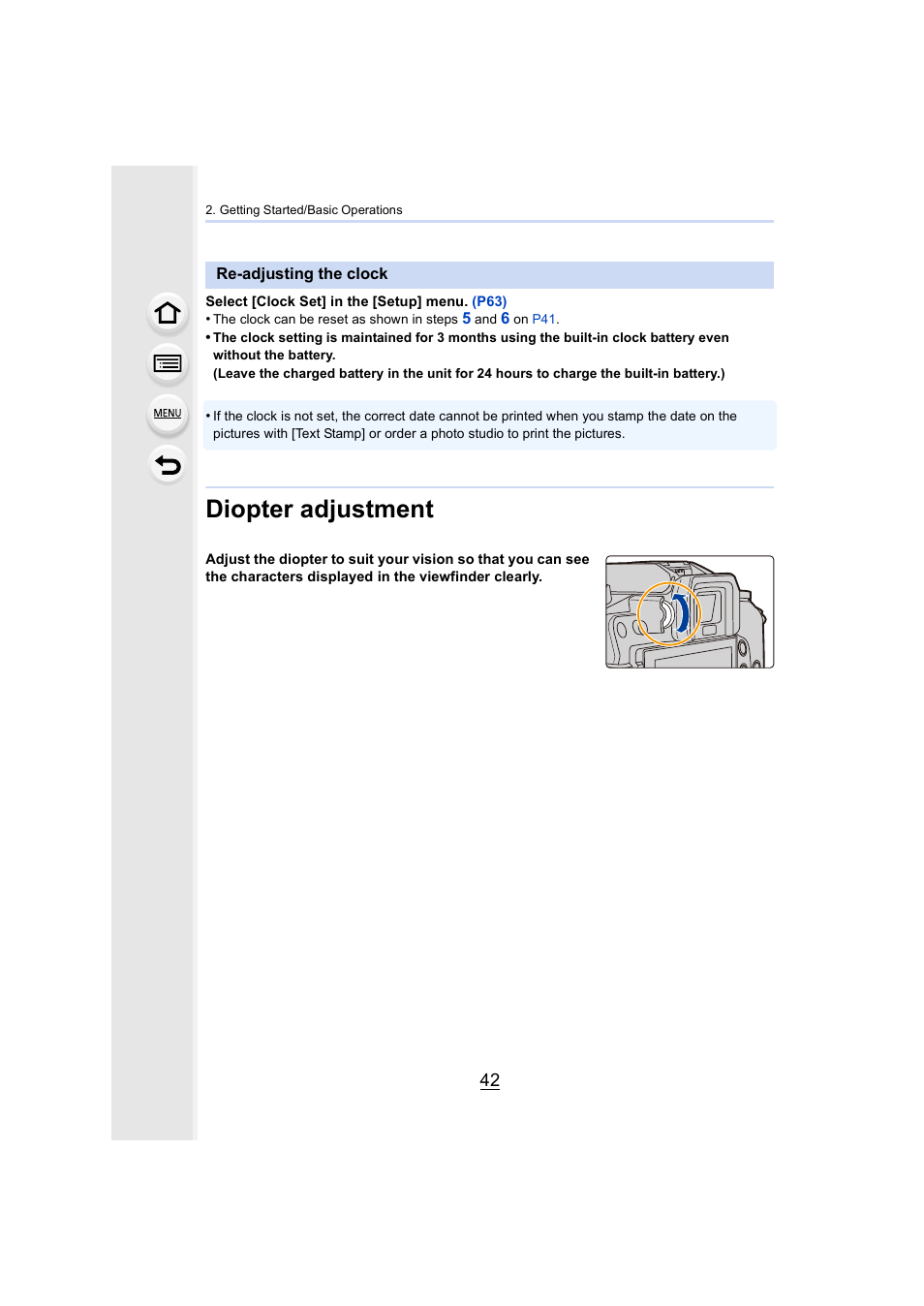 Re-adjusting the clock, Diopter adjustment, Diopter adjustment dial | P42) | Panasonic Lumix DMC-G7 body User Manual | Page 42 / 411