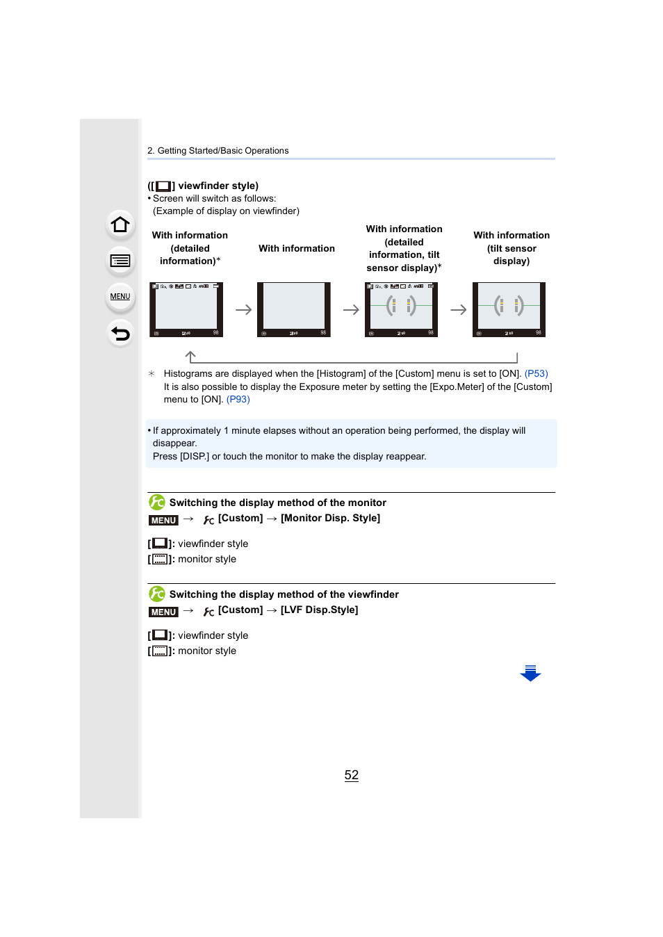 Viewfinder style), With information (detailed information), With information | With information (detailed information, Tilt sensor display), With information (tilt sensor display) | Panasonic Lumix DMC-G7 body User Manual | Page 52 / 411