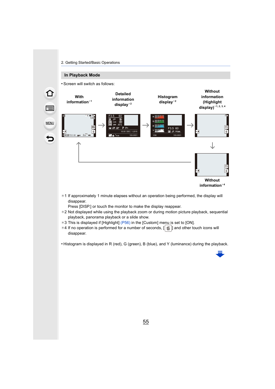 With information, Detailed information display, Histogram display | Without information (highlight display), Without information, Getting started/basic operations | Panasonic Lumix DMC-G7 body User Manual | Page 55 / 411