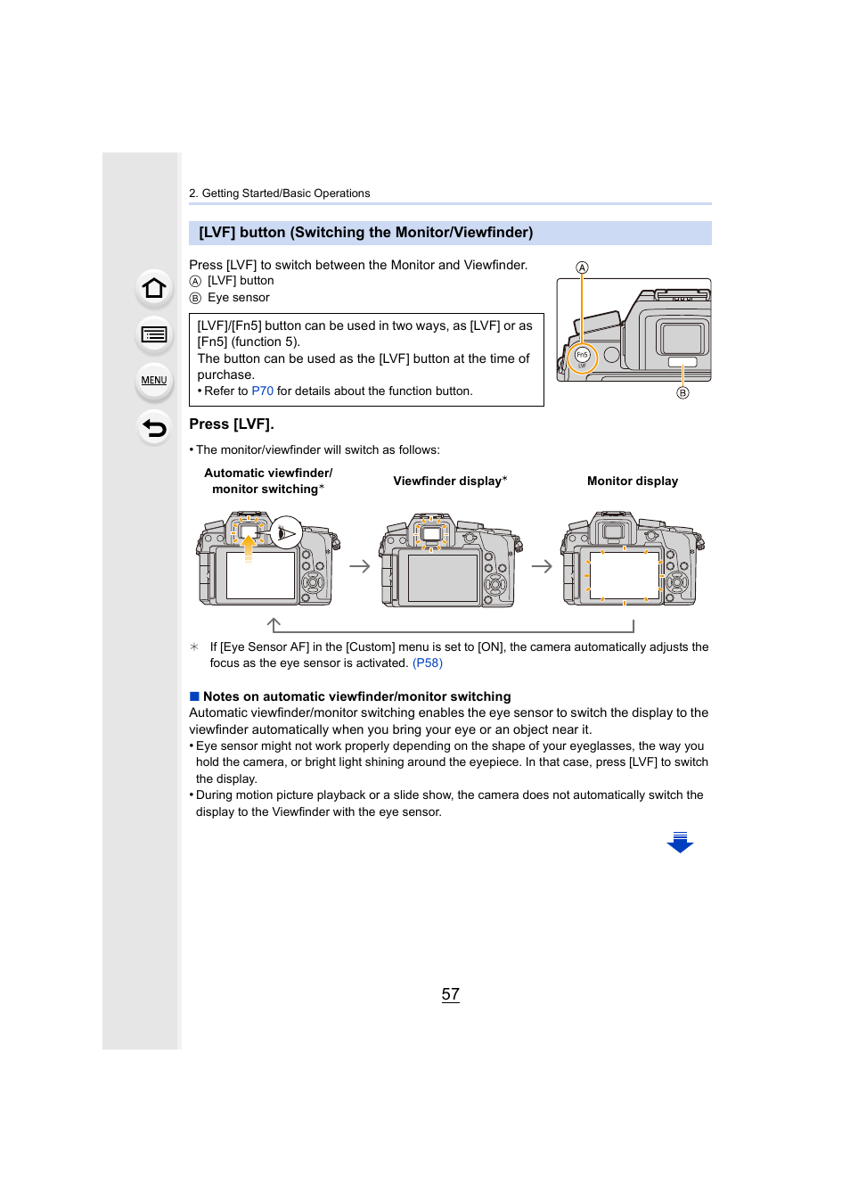 Lvf] button (switching the monitor/viewfinder), Button, P57) | Ensor, Inder, Press [lvf | Panasonic Lumix DMC-G7 body User Manual | Page 57 / 411