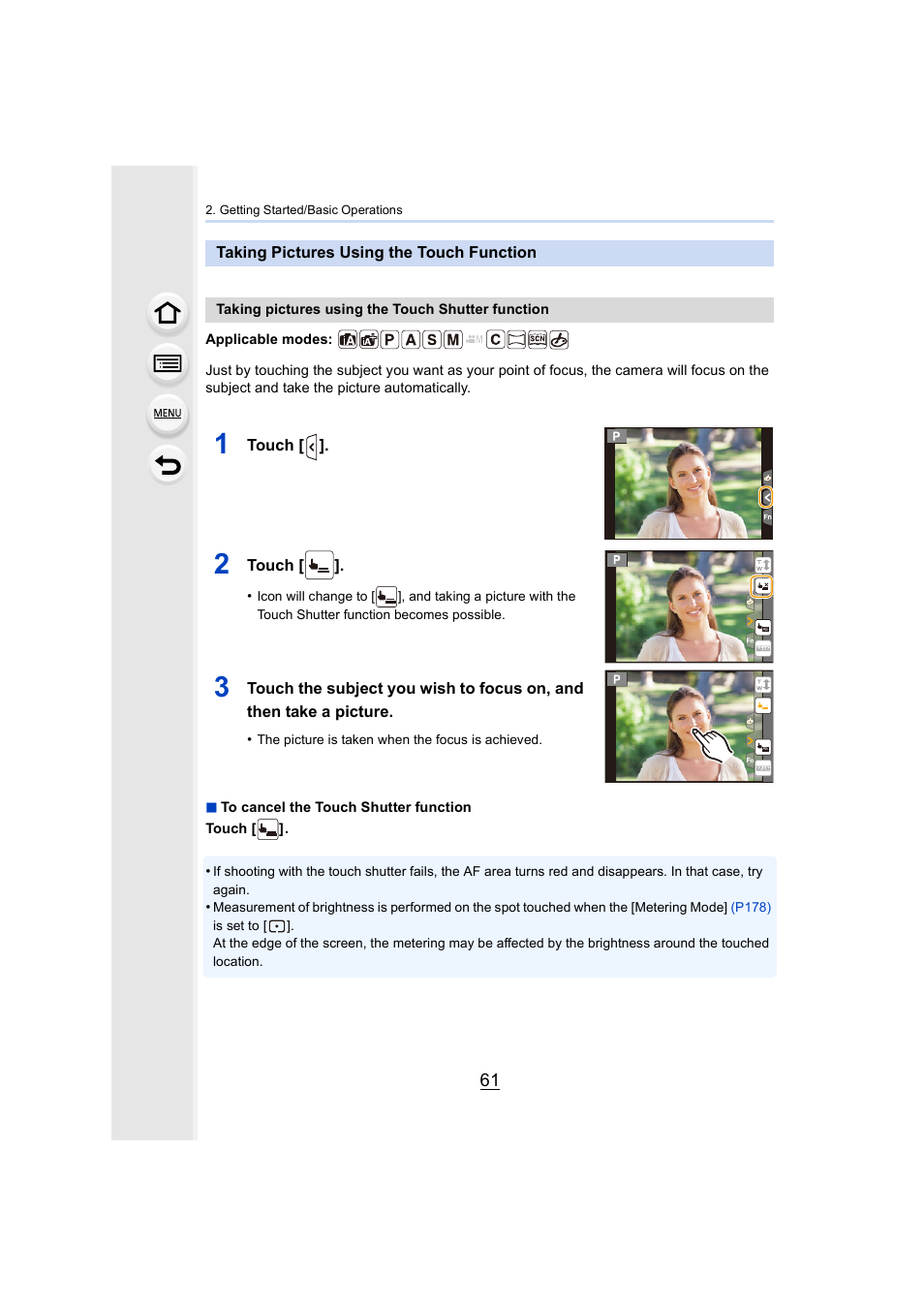 Taking pictures using the touch function | Panasonic Lumix DMC-G7 body User Manual | Page 61 / 411