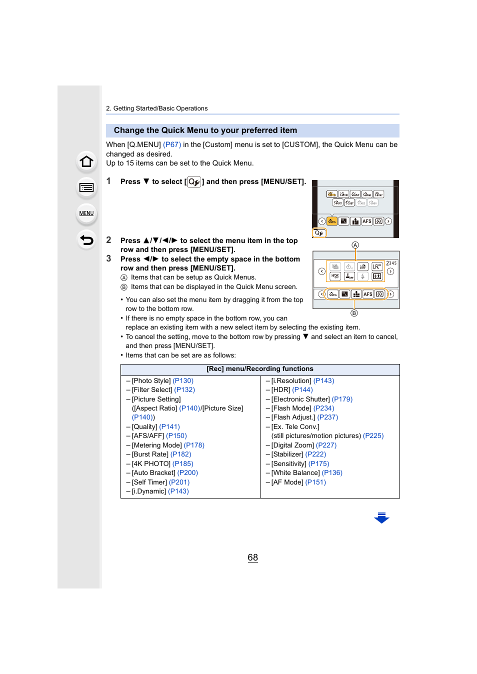 Change the quick menu to your preferred item | Panasonic Lumix DMC-G7 body User Manual | Page 68 / 411