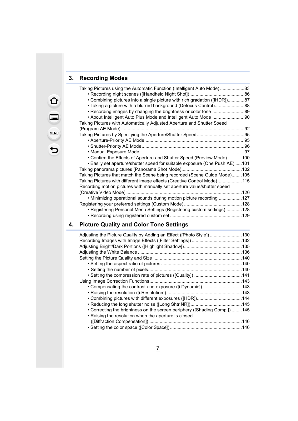 Recording modes, Picture quality and color tone settings | Panasonic Lumix DMC-G7 body User Manual | Page 7 / 411