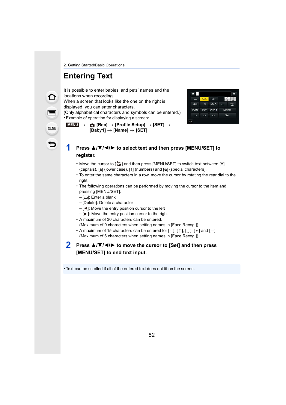 Entering text | Panasonic Lumix DMC-G7 body User Manual | Page 82 / 411