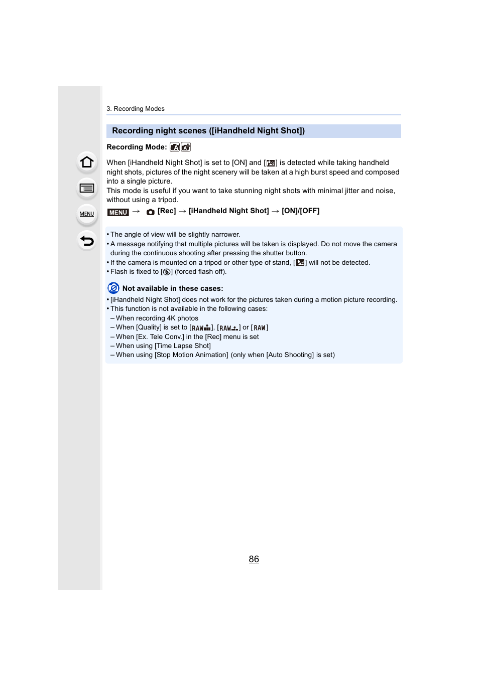 Recording night scenes ([ihandheld night shot]), P86) | Panasonic Lumix DMC-G7 body User Manual | Page 86 / 411