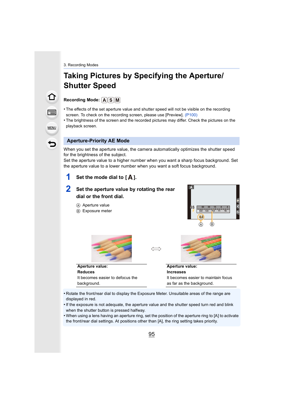 Aperture-priority ae mode, P95), Set the mode dial to | Panasonic Lumix DMC-G7 body User Manual | Page 95 / 411