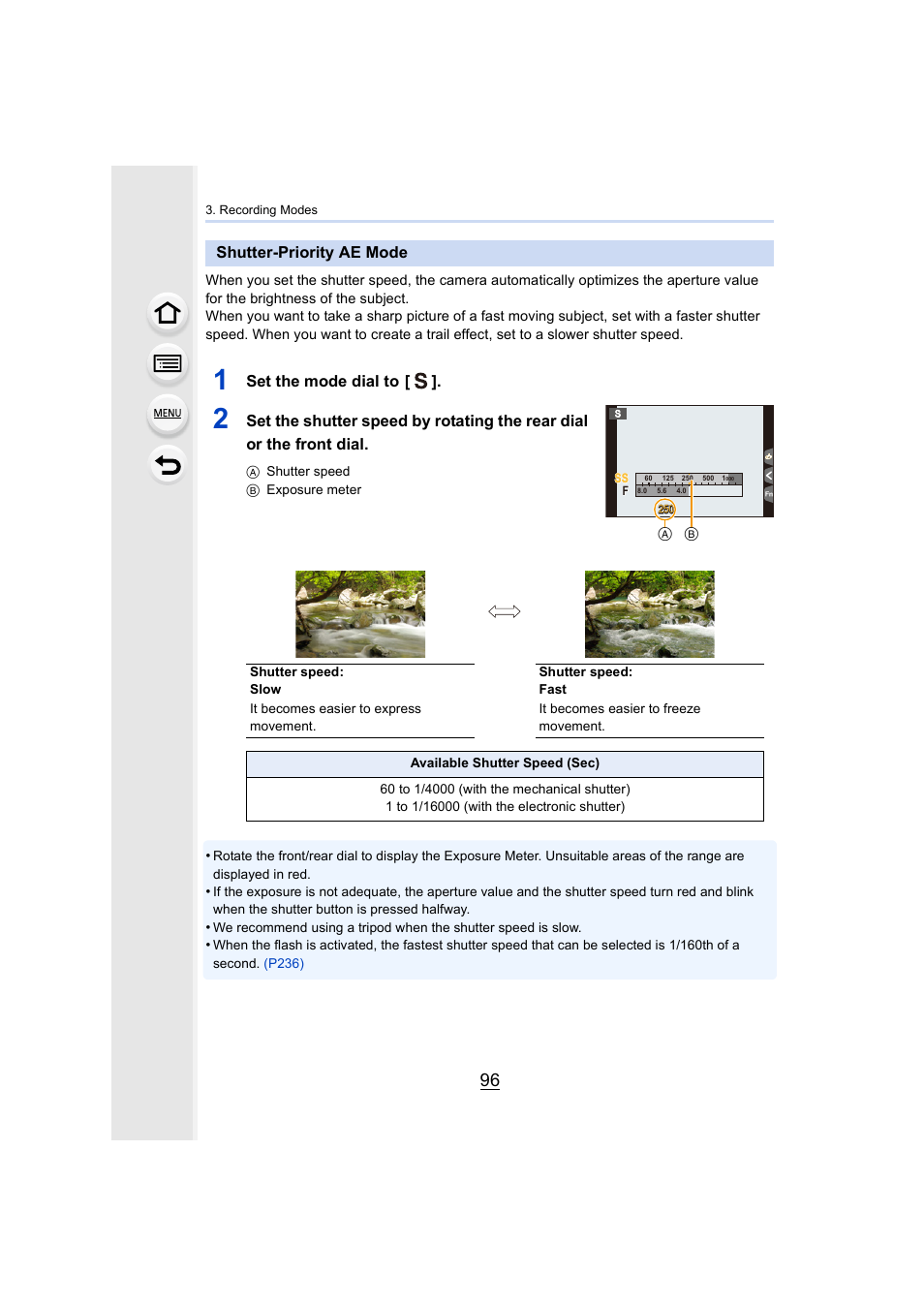 Shutter-priority ae mode, P96), Set the mode dial to | Panasonic Lumix DMC-G7 body User Manual | Page 96 / 411
