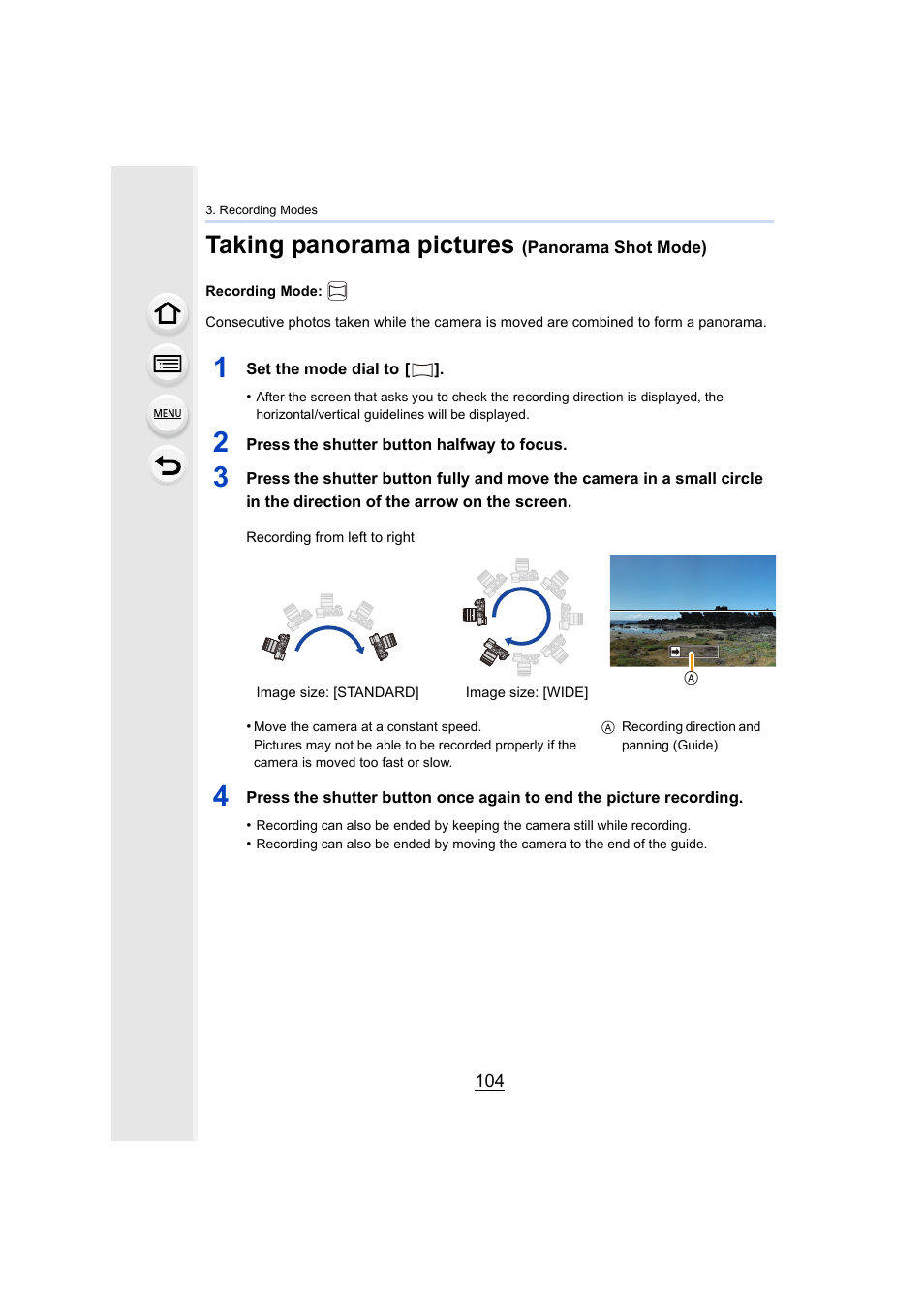 Taking panorama pictures (panorama shot mode), P104, P104) | Taking panorama pictures | Panasonic Lumix GX8 User Manual | Page 104 / 403