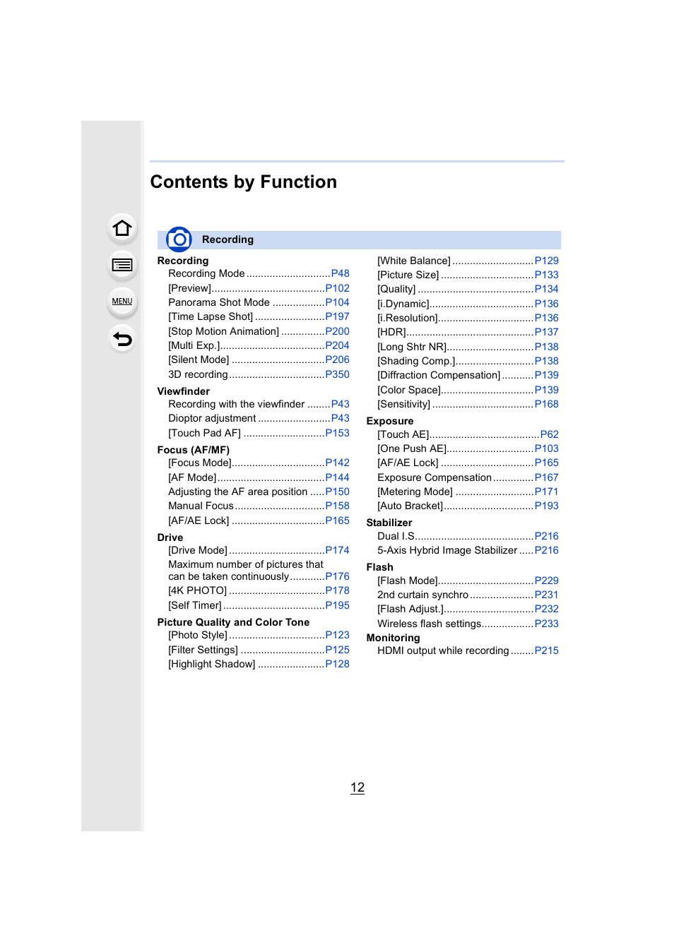 Contents by function | Panasonic Lumix GX8 User Manual | Page 12 / 403