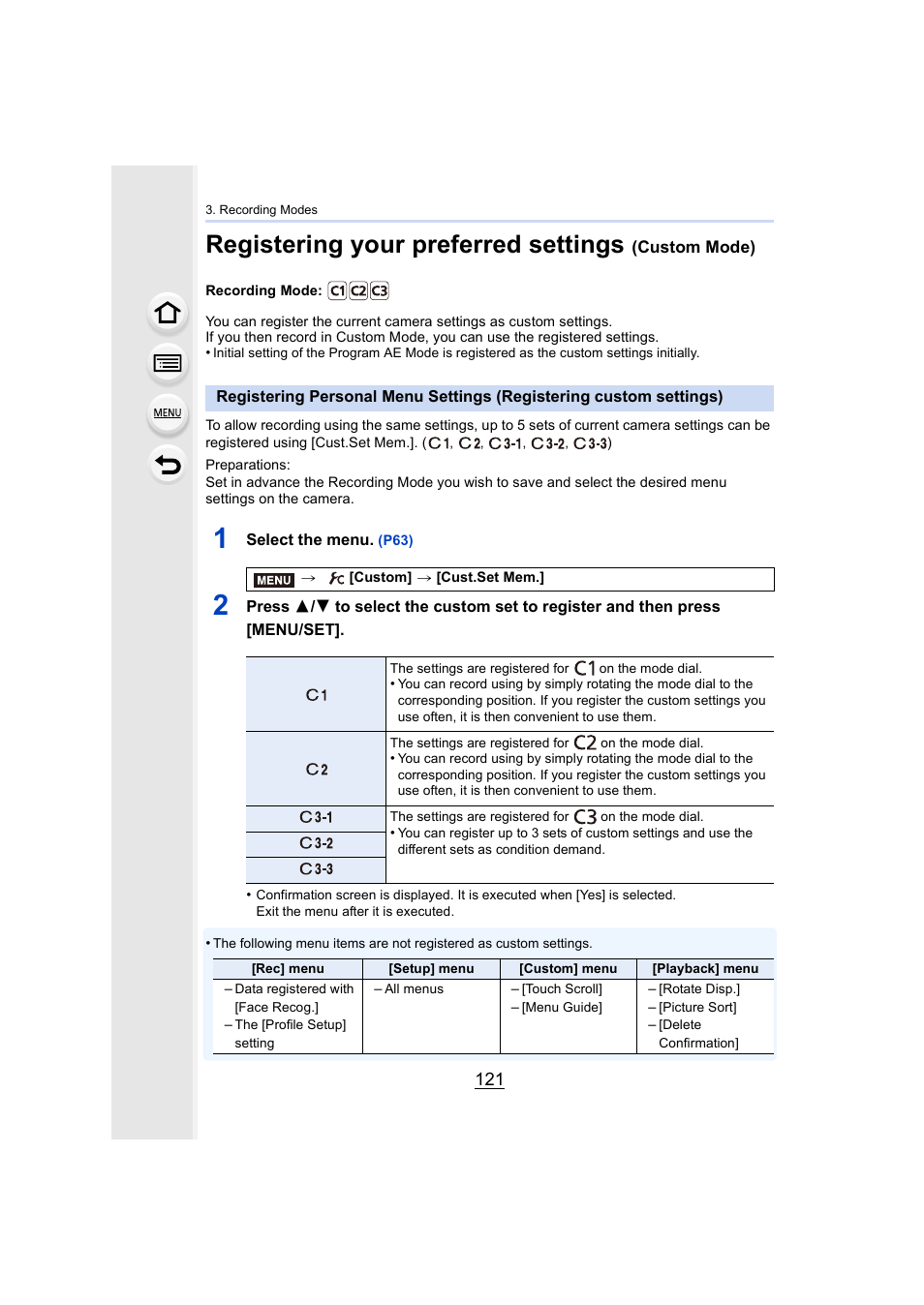 Registering your preferred settings (custom mode), P121, P121) | Registering your preferred settings | Panasonic Lumix GX8 User Manual | Page 121 / 403