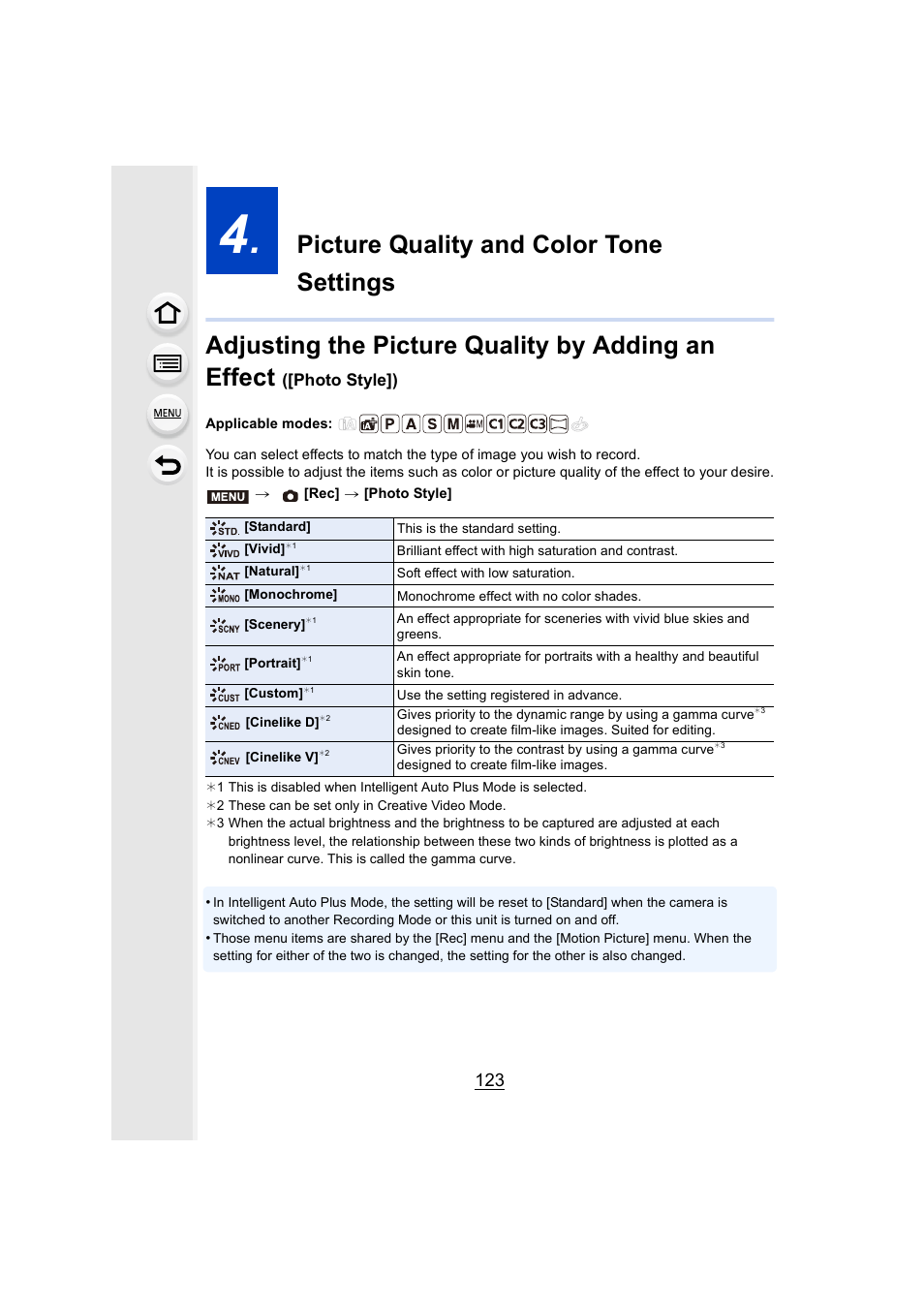 Picture quality and color tone settings, P123, P123) | Photo style]) | Panasonic Lumix GX8 User Manual | Page 123 / 403