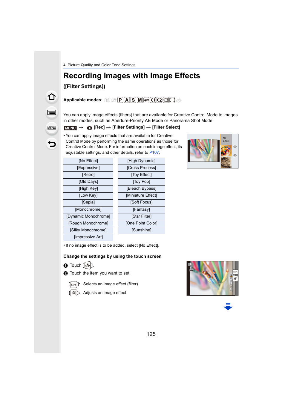 P125, P125), Recording images with image effects | Filter settings]) | Panasonic Lumix GX8 User Manual | Page 125 / 403