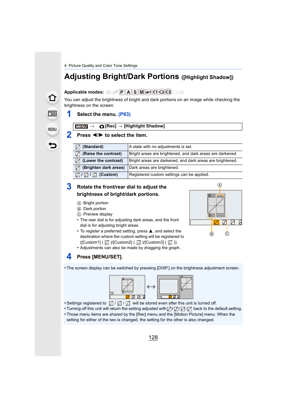 P128, P128), Adjusting bright/dark portions | Highlight shadow]), Select the men u. (p63), Press 2 / 1 to select the item, Press [menu/set | Panasonic Lumix GX8 User Manual | Page 128 / 403