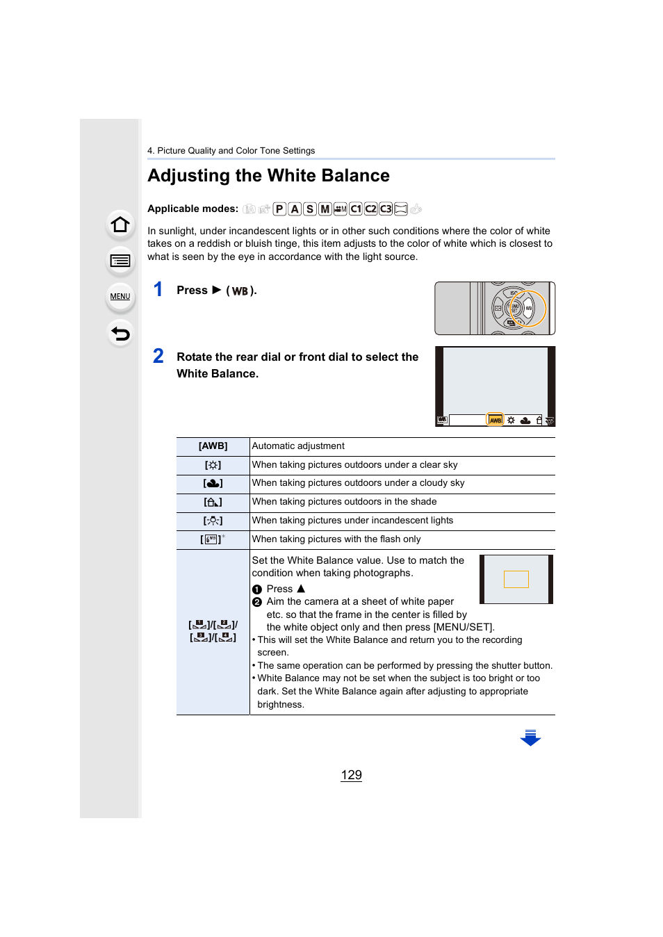 Adjusting the white balance, P129, White balance) | P129), Press 1 ( ) | Panasonic Lumix GX8 User Manual | Page 129 / 403