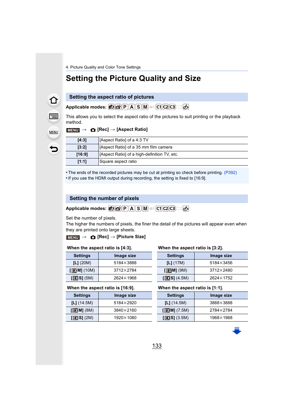 Setting the picture quality and size, Setting the aspect ratio of pictures, Setting the number of pixels | P133, P133) | Panasonic Lumix GX8 User Manual | Page 133 / 403
