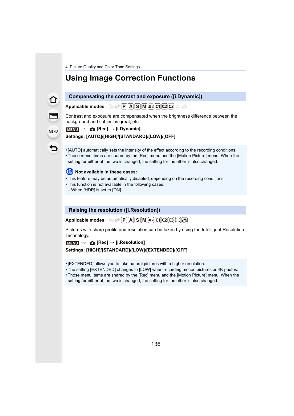 Using image correction functions, Raising the resolution ([i.resolution]), P136 | P136) | Panasonic Lumix GX8 User Manual | Page 136 / 403