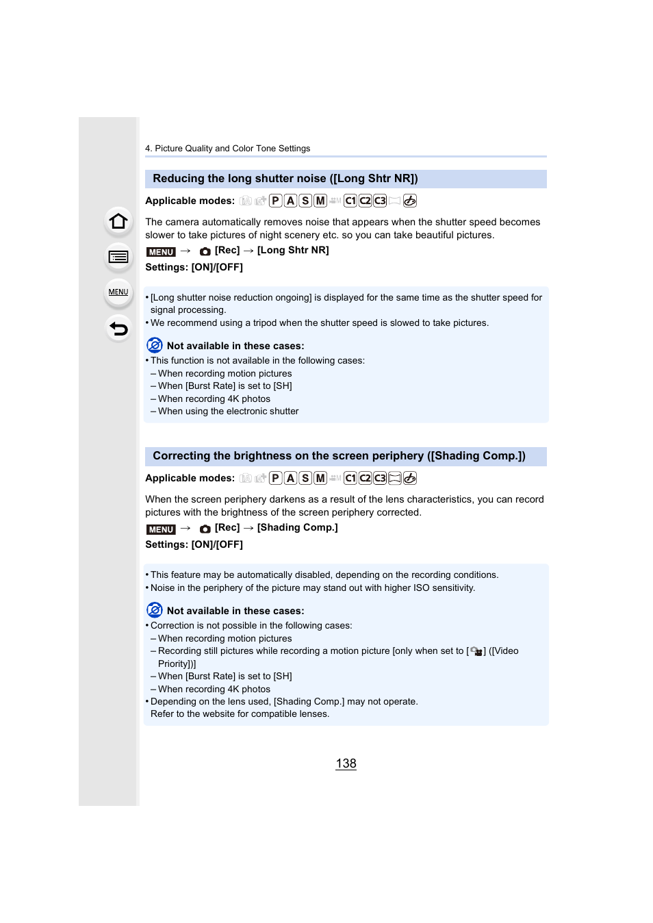 Reducing the long shutter noise ([long shtr nr]), P138, P138) | Panasonic Lumix GX8 User Manual | Page 138 / 403