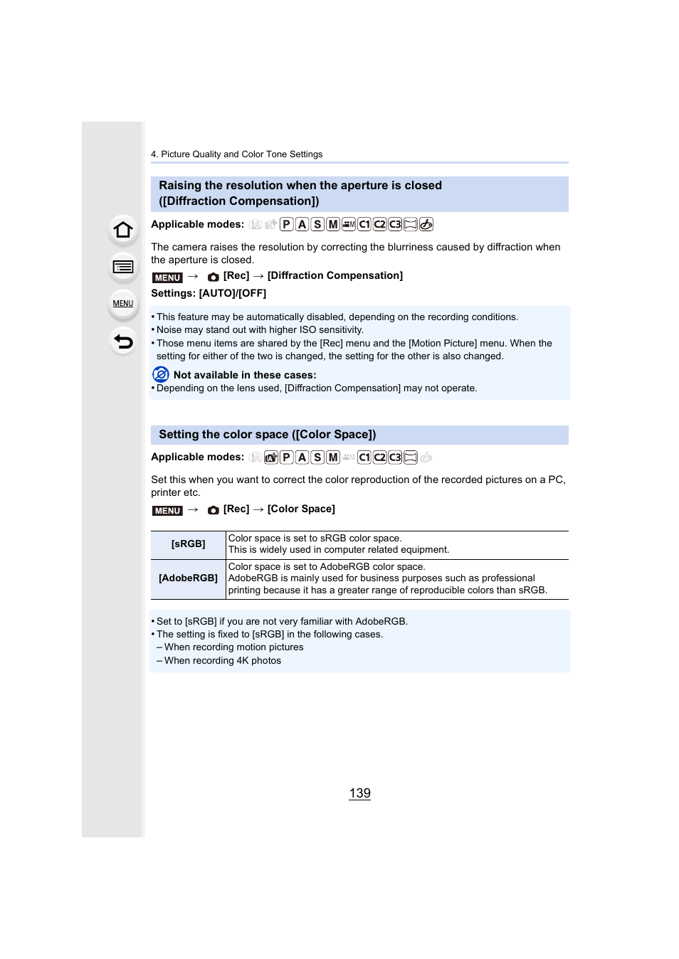 Setting the color space ([color space]), Raising the resolution when the aperture is closed, Diffraction compensation]) | P139 | Panasonic Lumix GX8 User Manual | Page 139 / 403