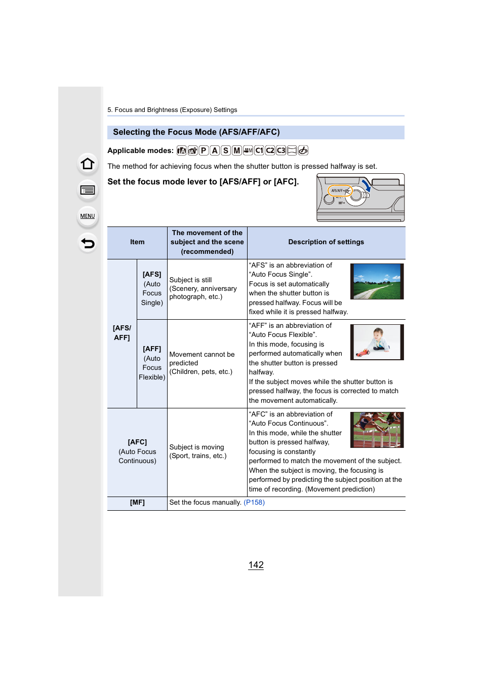 Selecting the focus mode (afs/aff/afc), P142, P142) | Panasonic Lumix GX8 User Manual | Page 142 / 403