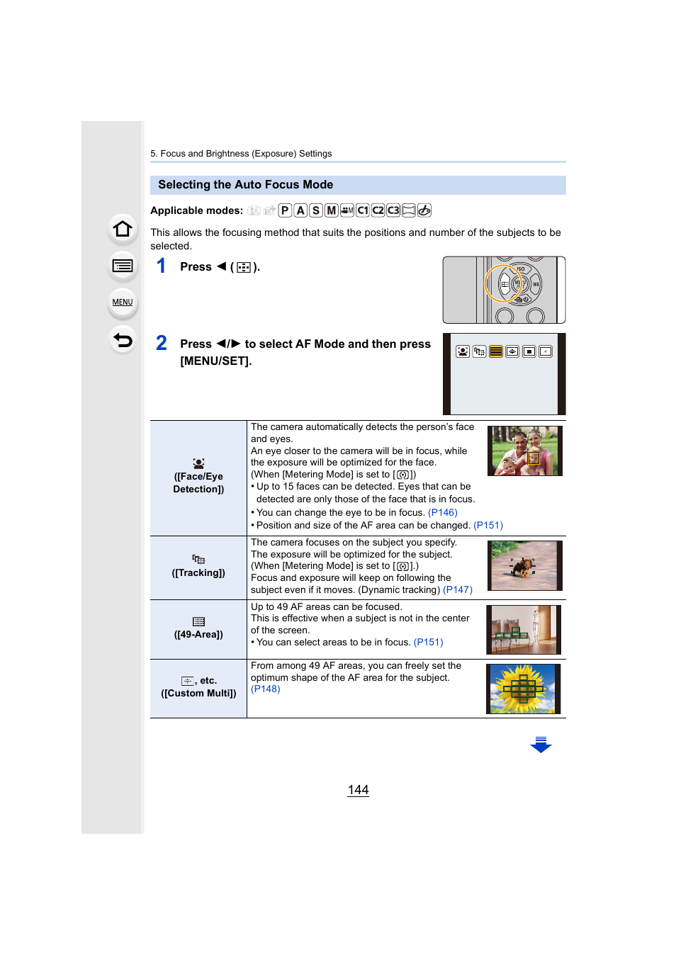 Selecting the auto focus mode, P144, Uto focus mode) | P144) | Panasonic Lumix GX8 User Manual | Page 144 / 403