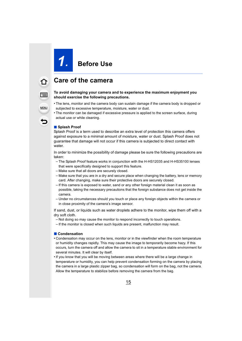 Before use, Care of the camera, Before use care of the camera | Panasonic Lumix GX8 User Manual | Page 15 / 403