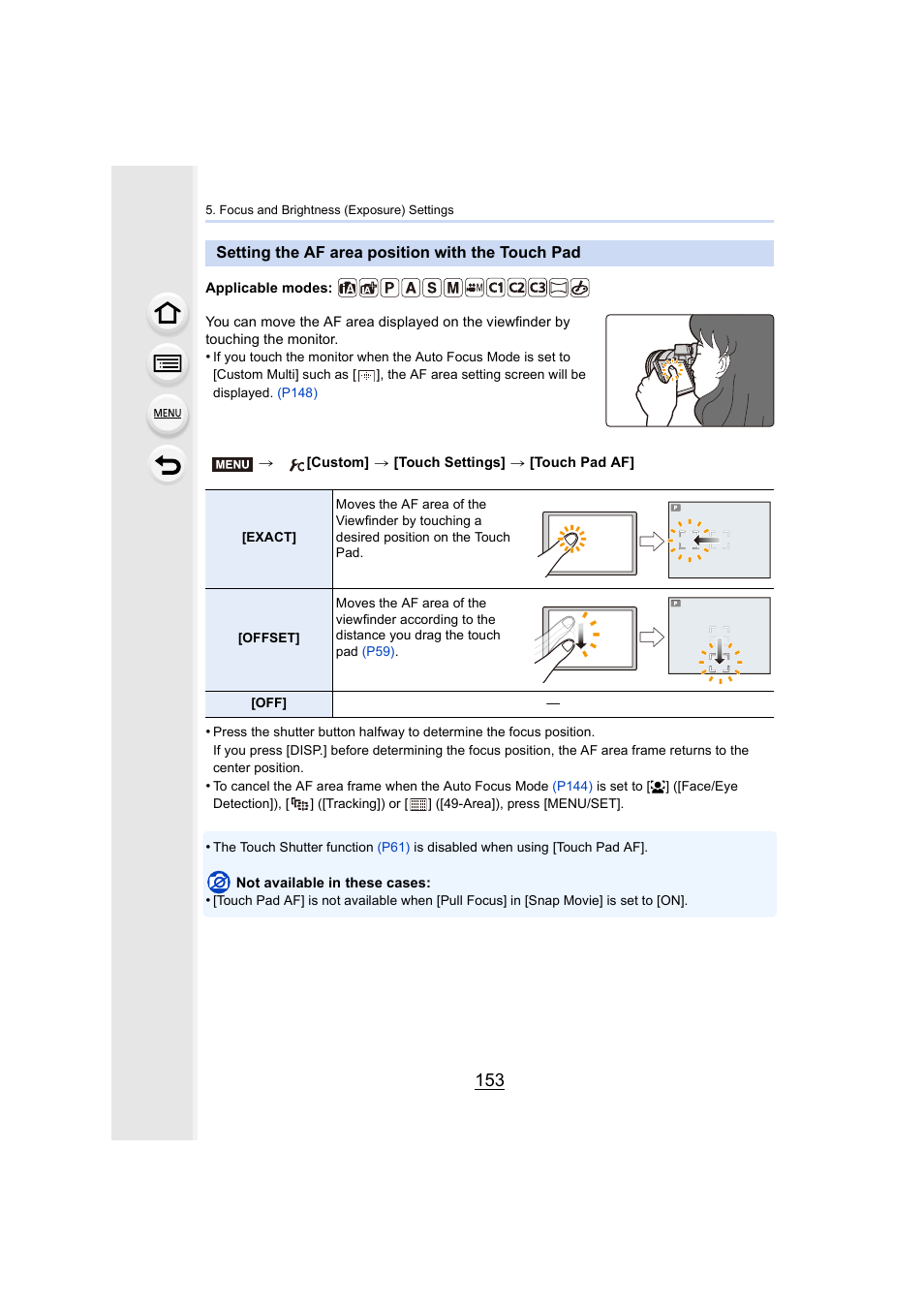 Setting the af area position with the touch pad, P153, P153) | Panasonic Lumix GX8 User Manual | Page 153 / 403
