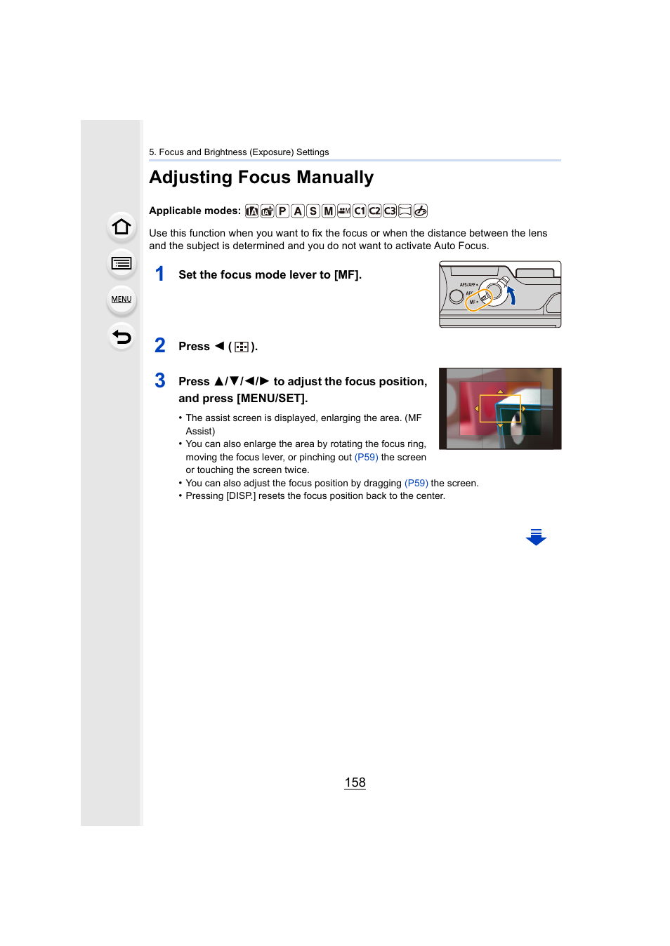 Adjusting focus manually, P158 | Panasonic Lumix GX8 User Manual | Page 158 / 403