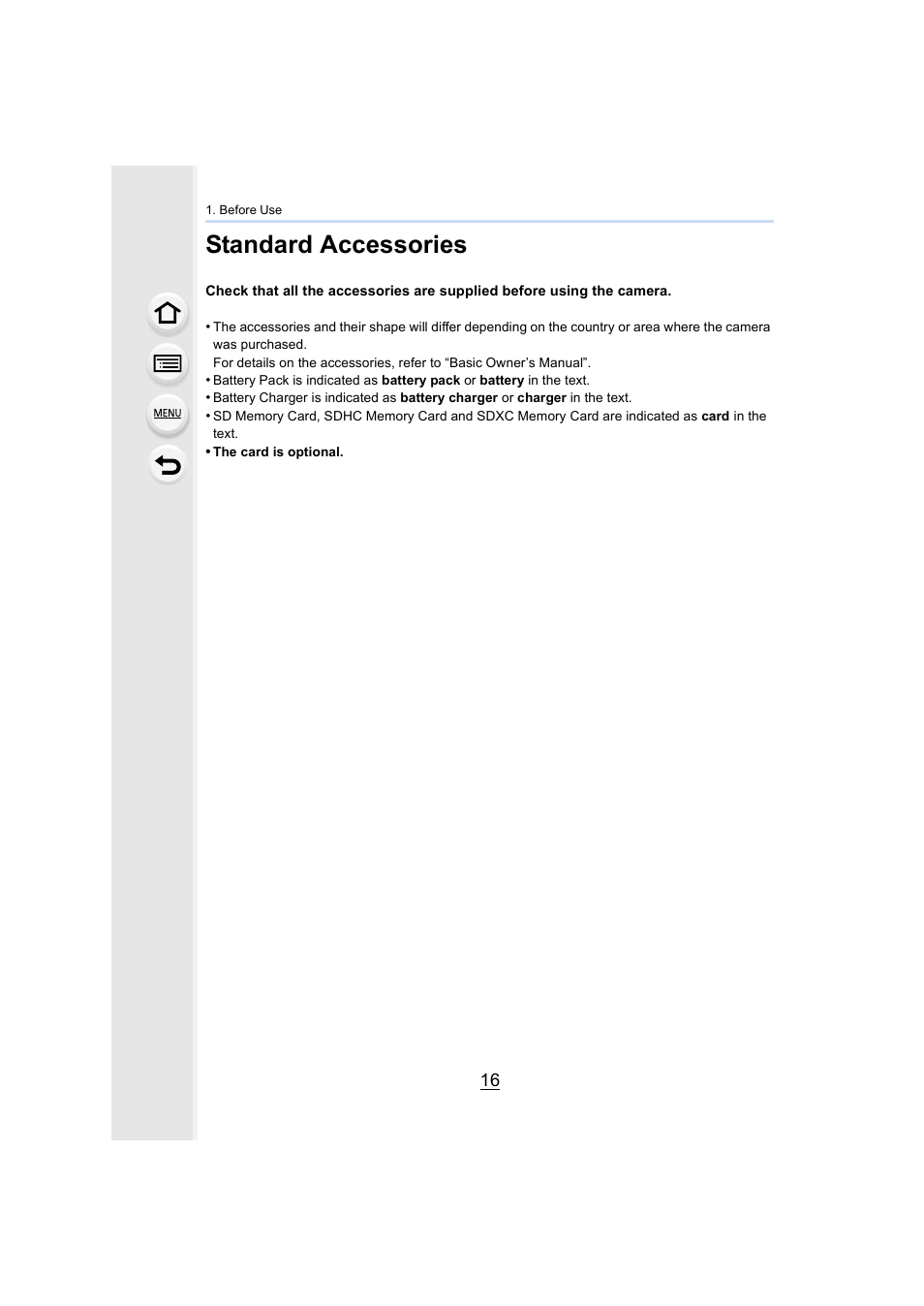 Standard accessories | Panasonic Lumix GX8 User Manual | Page 16 / 403