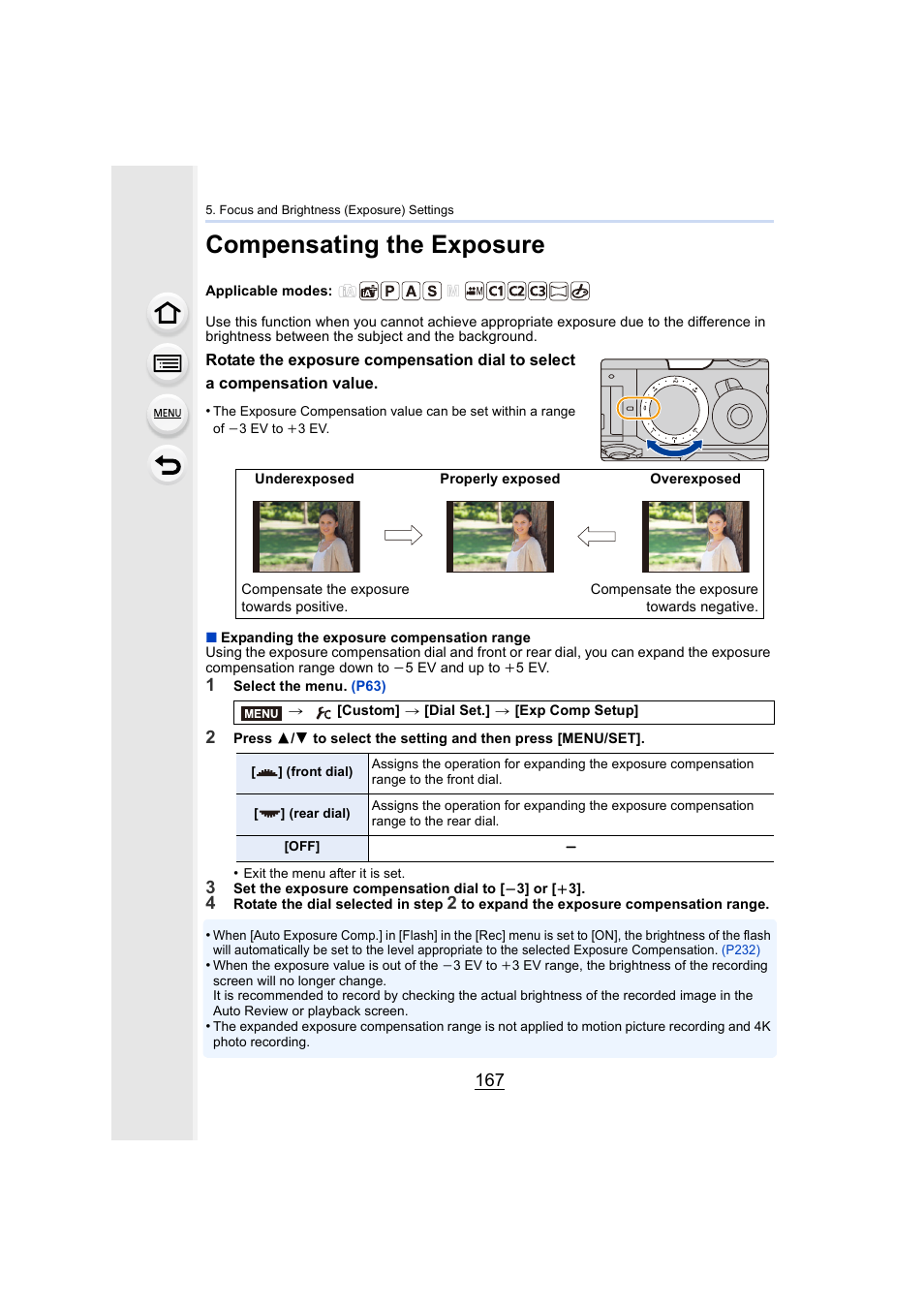 Compensating the exposure, P167, Sure compensation dial | P167) | Panasonic Lumix GX8 User Manual | Page 167 / 403