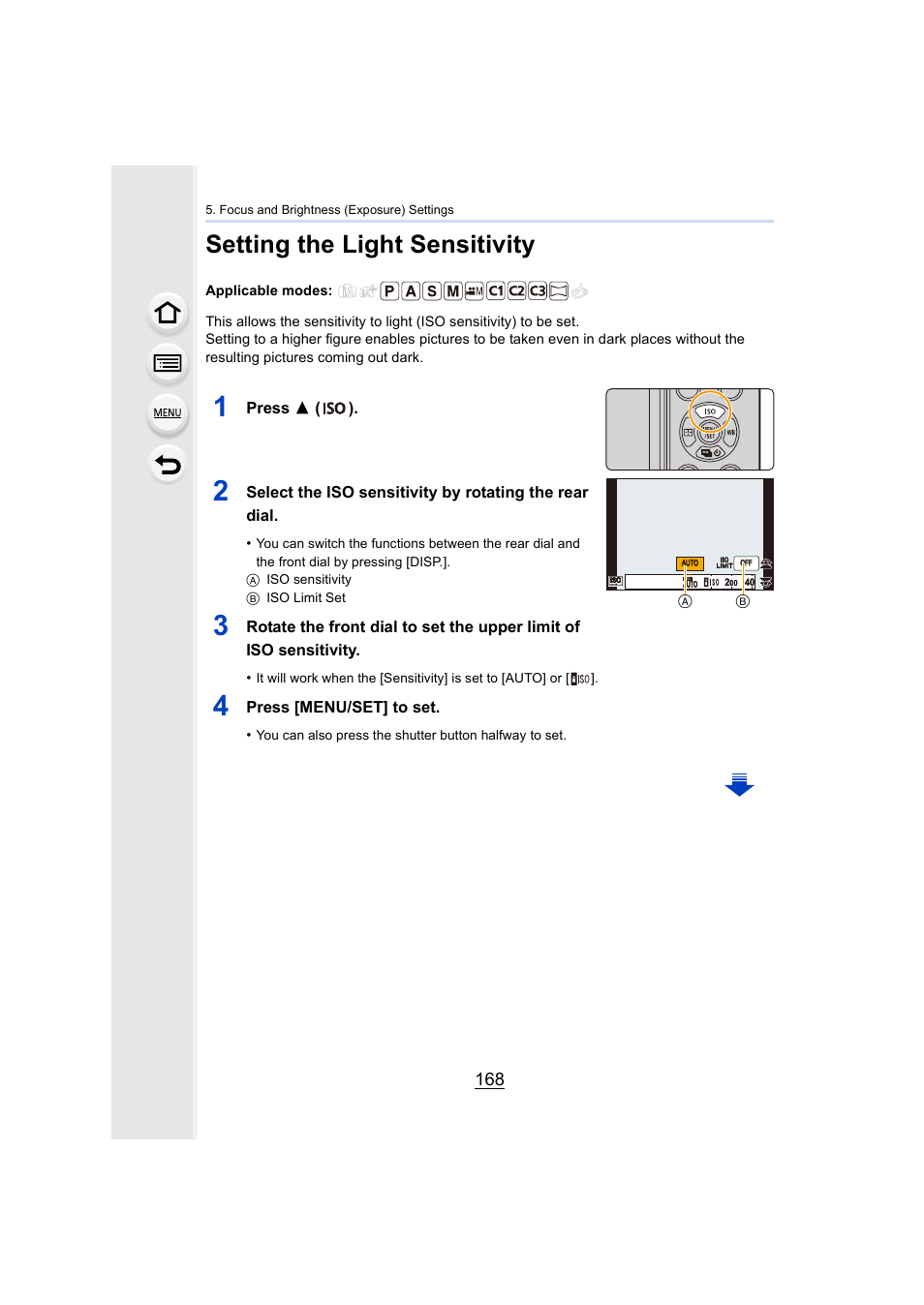 Setting the light sensitivity, P168, Iso sensitivity) | P168), Press 3 ( ), Press [menu/set] to set | Panasonic Lumix GX8 User Manual | Page 168 / 403