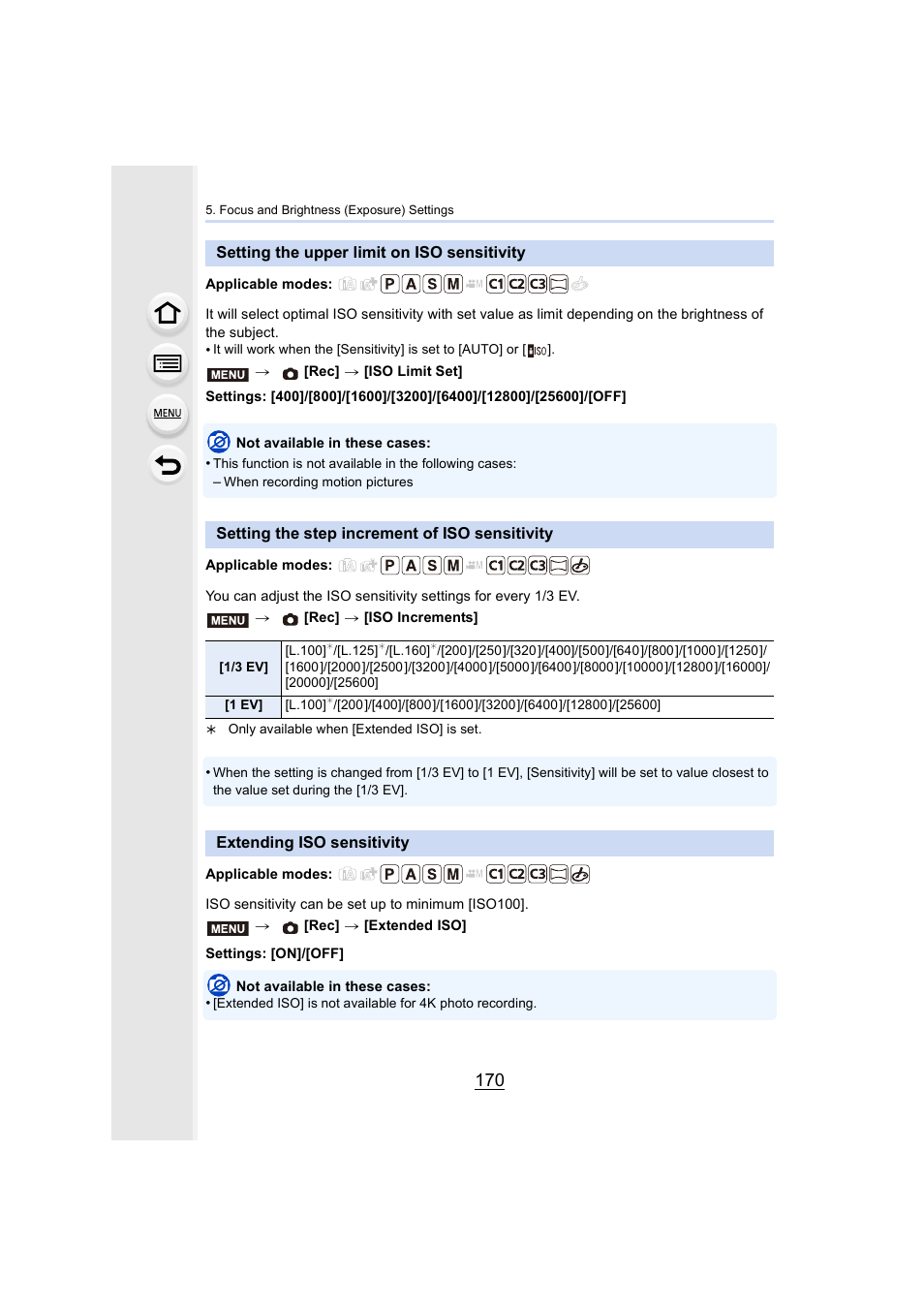 Setting the upper limit on iso sensitivity, Setting the step increment of iso sensitivity, Extending iso sensitivity | P170) | Panasonic Lumix GX8 User Manual | Page 170 / 403