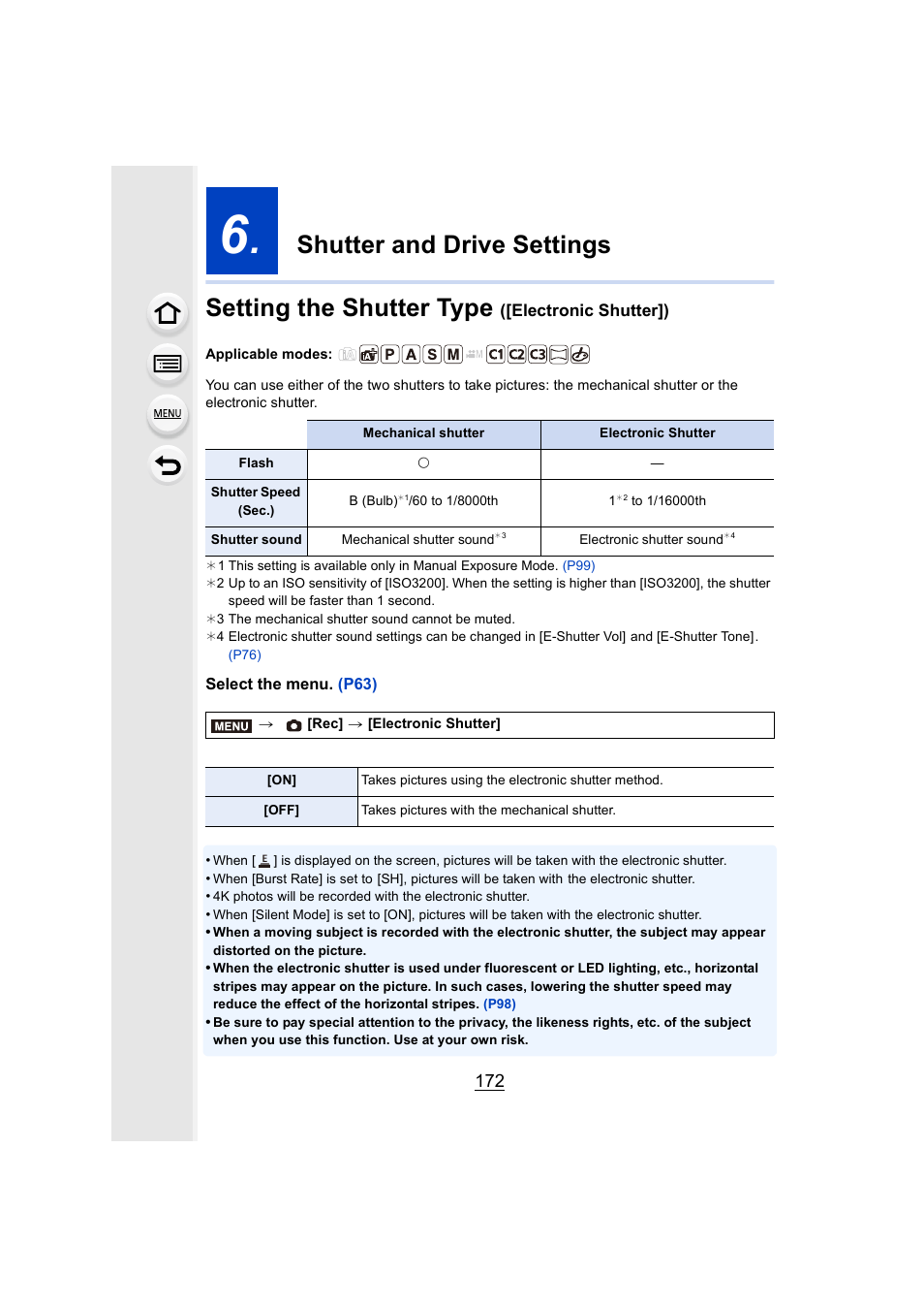 Shutter and drive settings, Setting the shutter type ([electronic shutter]), P172) | Electronic shutter]) | Panasonic Lumix GX8 User Manual | Page 172 / 403